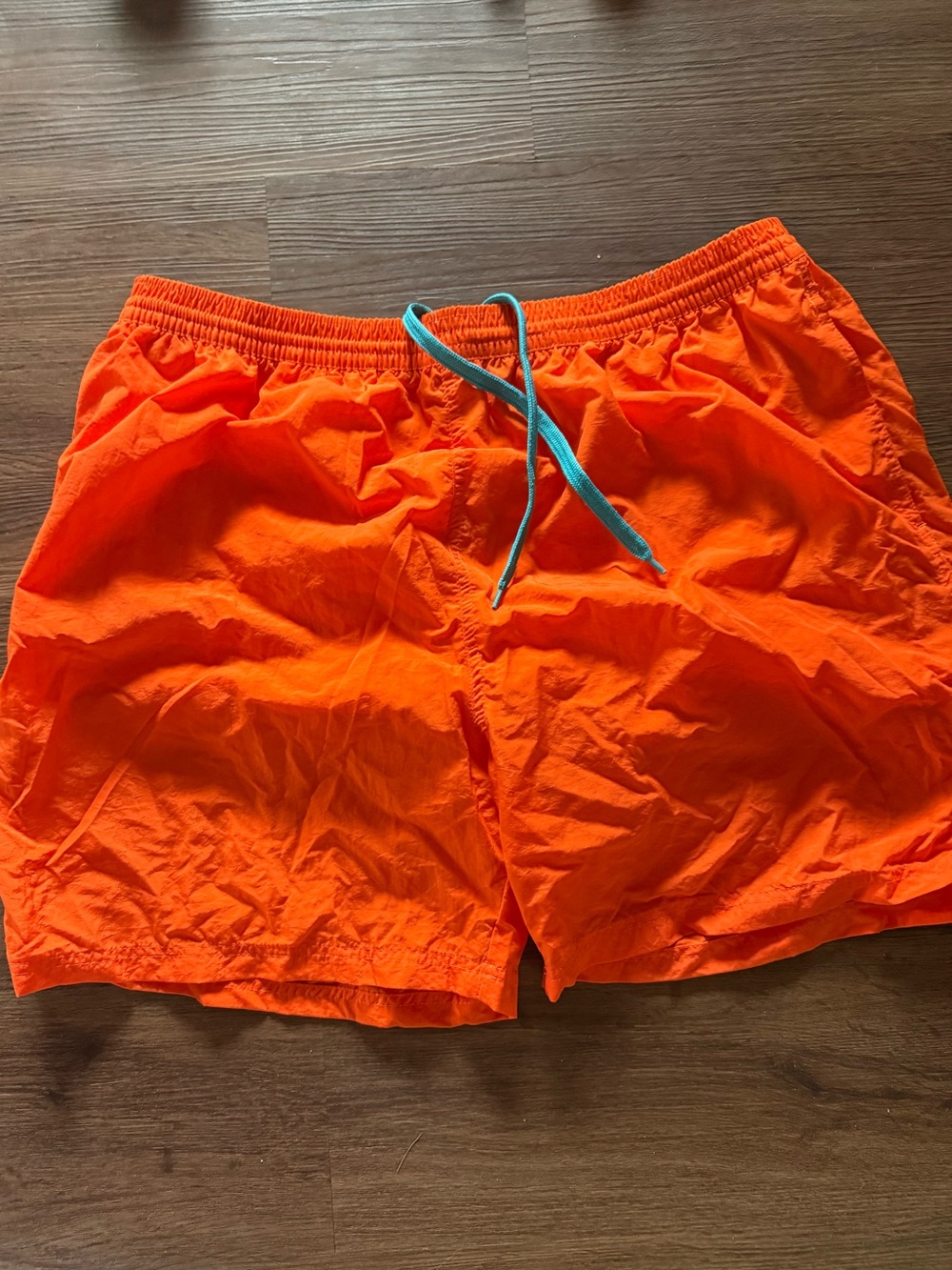 Men's Orange Swim Trunks with Contrasting Blue Drawstring